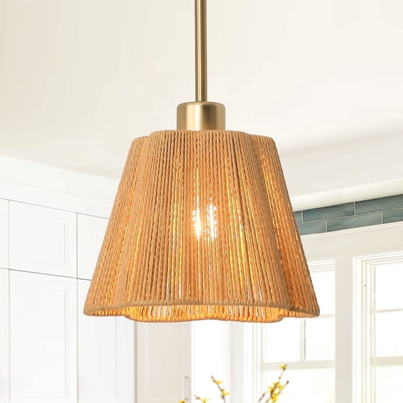 7.3" Modern Gold Pendant Ceiling Light with Beige Paper Rope Shade for Bedroom and Dining Room