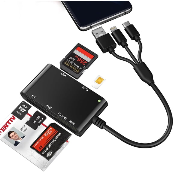 7 in 3 SIM Card Reader Smart Reader with USB C/USB A/Lightning Military CAC & PIV SD/TF/M2/IC/MMC/Memory Stick Pro Duo Adapter for iPhone/Windows/Mac/Linux/Computer