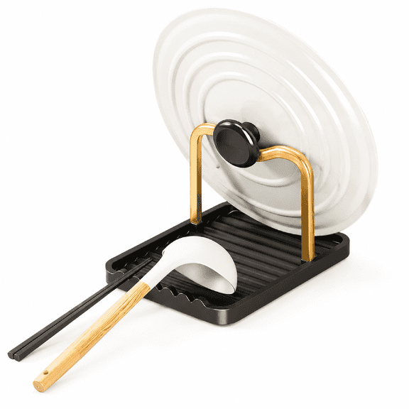 Spoon Rest with Lid Holder Aluminum 7.28 inch Black Gold Heat Resistant Non Slip Stovetop Kitchen