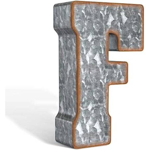 7" Galvanized Metal Letters for Wall Decor - 3D Letter F for Hanging & Free Standing - Decorative Rustic Alphabet Letters for the Living Room, Bedroom, Kitchen