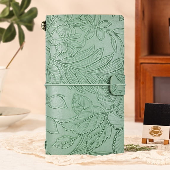 7×4.1in Pocket-Sized Notebook, Green Embossed Floral Leather Journal, Refillable Travel Notebook with Elastic Strap, Multi-Page Styles Lined/Grid/Blank Diary