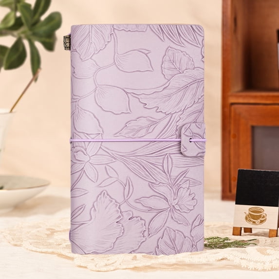 7×4.1in Pocket-Sized Notebook, Purple Embossed Floral Leather Journal, Refillable Travel Notebook with Elastic Strap, Multi-Page Styles Lined/Grid/Blank Diary