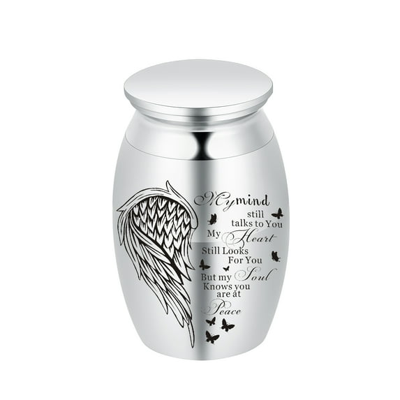 7*4.5cm Angel Wing Print Small Urn for Cremation Ashes Keepsake Family Pet Friend Memorial Mini Urn- My Mind Still Talk to You and My Heart Still Looks for You But My Soul Knows You are at Peace