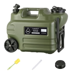 7.4 Gal Portable Water Jug with Wheels & Pull Handle, 28L BPA-Free Camping Container, Spigot, Detachable Hose, Cleaning Brush & Extra Lid  Heavy Duty PE Tank for Hiking, Fishing, Emergency