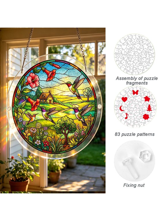 7.4 Inch 83-Piece Acrylic Jigsaw Puzzle Suncatcher – Stained Glass Effect Rainbow Maker for Window & Garden Decor, DIY Craft Kit for Adults, Unique Home Art Gift