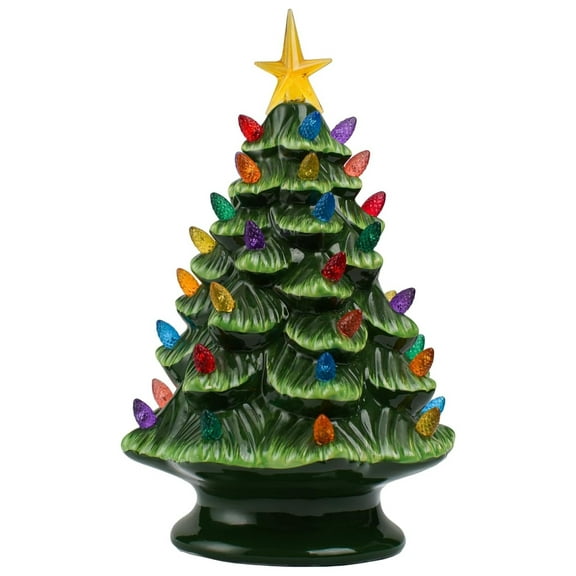 7.4 Inch Ceramic Christmas Tree, Tabletop Christmas Tree with Multicolored LED Lights and Star Topper, Battery Operated Vintage Lighted Ceramic Tree for Home Office Table Holiday Decorations
