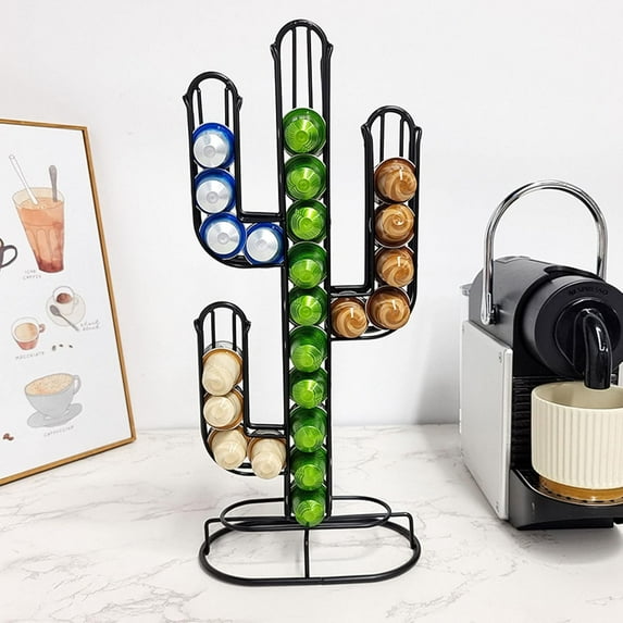 7.4 x 4.1 x 16.9in Cactus Shaped Coffee Pod Holder Home Black Iron Coffee Storage Stand Organizer Holds 48 Coffee Pods for Loved Ones Friends