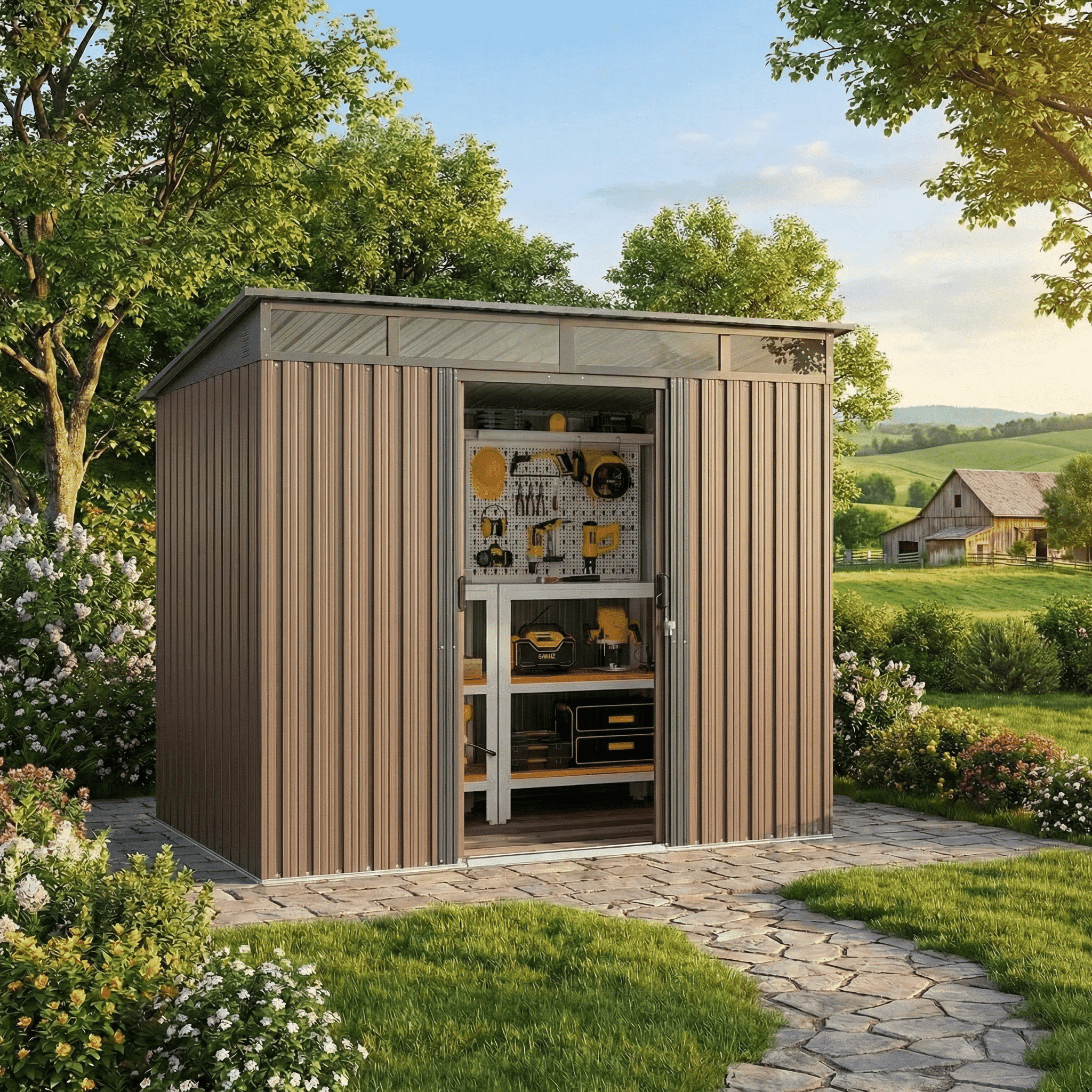7.4'x5.3' FT Galvanized Steel Outdoor Storage Shed, Sliding Door Design, Multipurpose for Bike & Tool Storage - Brown