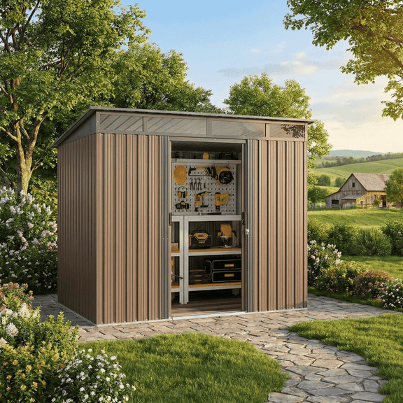 7.4'x5.3' FT Galvanized Steel Outdoor Storage Shed, Sliding Door Design, Multipurpose for Bike & Tool Storage - Brown