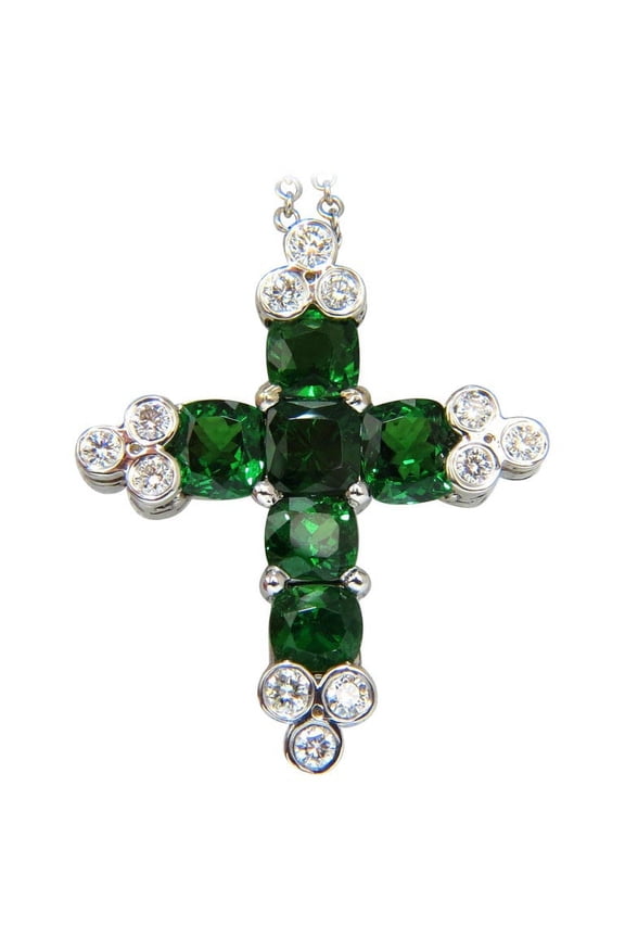 7.42CT NATURAL VIVID GREEN TSAVORITE DIAMONDS CROSS PENDANT 14KT