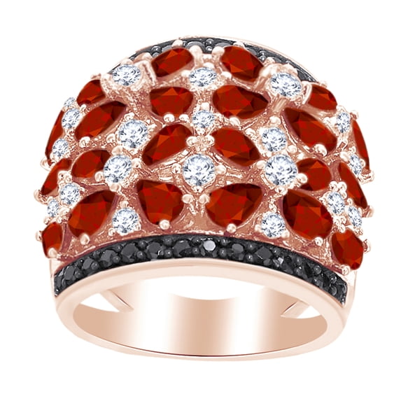 AFFY 7.47 Ct Pear Shape Simulated Garnet, White Topaz & Black Spinel Band Ring in 14k Rose Gold Over Sterling Silver Ring Size - 10.5