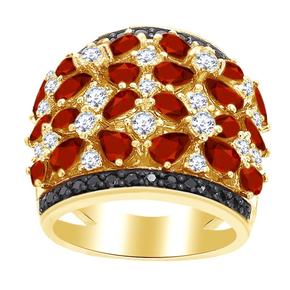 AFFY 7.47 Ct Pear Shape Simulated Garnet, White Topaz & Black Spinel Band Ring in 14k Yellow Gold Over Sterling Silver Ring Size - 10