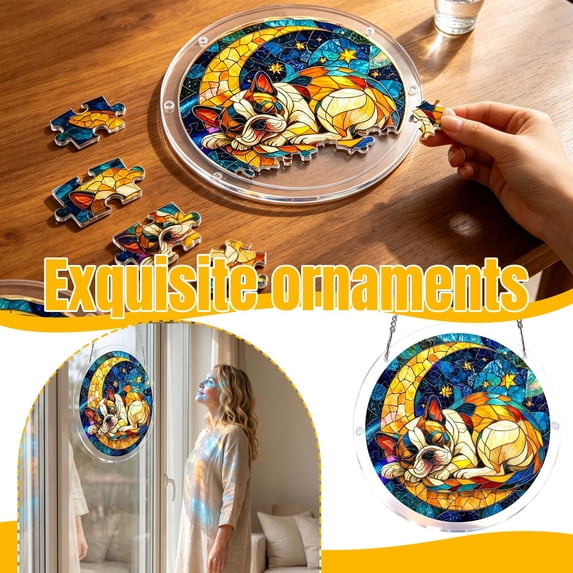 7.48" Color Catcher Acrylic Puzzle Window Hanging Stained Glass Window Hanging, Cute Dog Sleeping On Moon Sun Catcher for Window Door Home Decor, Dog Suncatcher Christmas Mother's Day Birthday Gifts