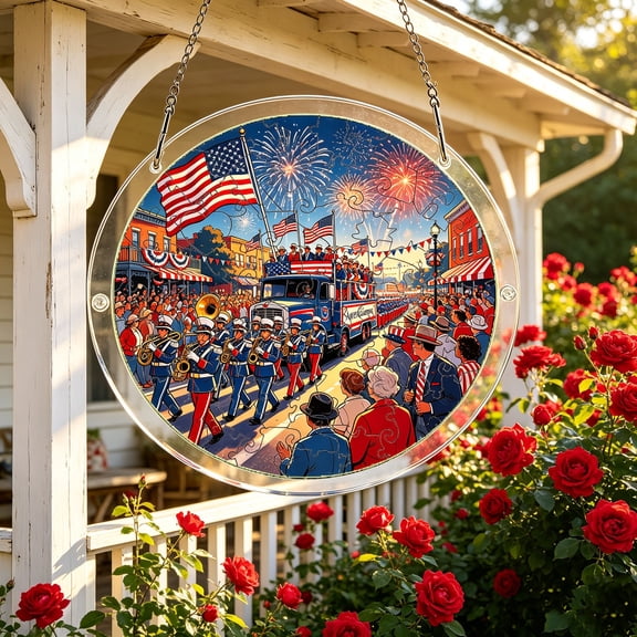 7.48 Inch 4th of July Acrylic Puzzle Suncatcher DIY Patriotic Stained Glass Hanging Ornament Multicolor Independence Day Window Wall Home Festival Decor,C