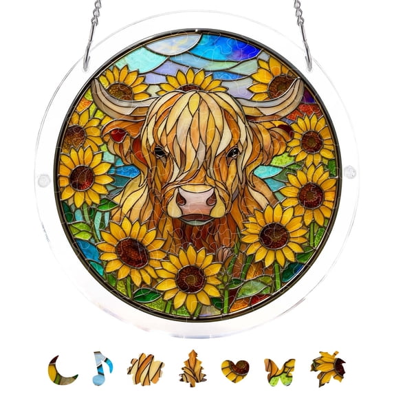 7.48 Inch Floral Window Suncatcher, 83-Piece Acrylic Stained Glass Style Puzzle, Patio Wall Art Hanging