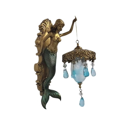 7.48 Inch Vintage Mermaid Wall Lamp Sconce Ornament, Blue Crystal Pendant Light With Gold Decorative Base Home Decor