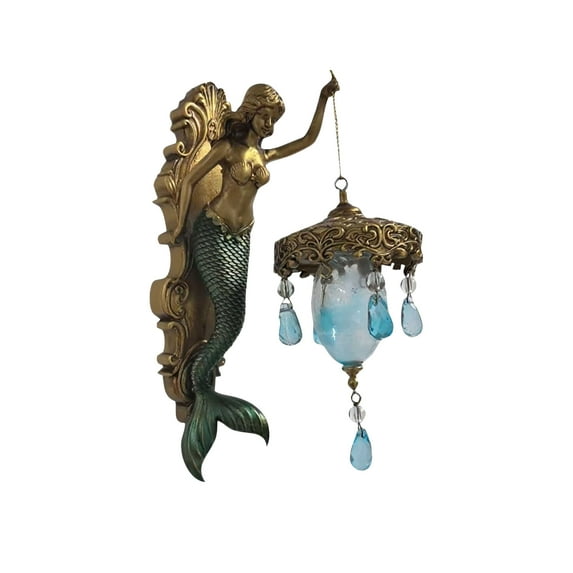 7.48 Inch Vintage Mermaid Wall Lamp Sconce Ornament, Blue Crystal Pendant Light With Gold Decorative Base Home Decor