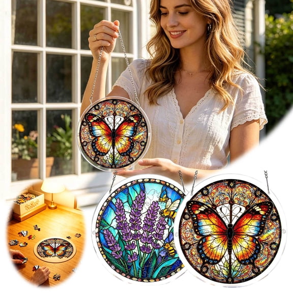 7.48-inch Monarch Butterfly Lavender Sun Catcher Puzzle Ornament, Stained Glass-Style Acrylic Puzzle, a Commemorative Gift for Mom or Friends