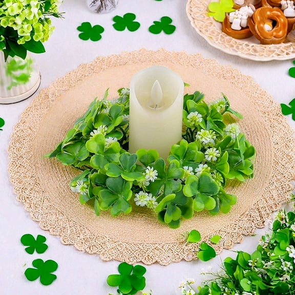 7.48Inch St Patricks Day Artificial Shamrock Candle Rings Wreaths,Mini Candle Wreath,Center Green Easter Rings Wreaths,Candle Holder for Wedding Tabletop Kitchen Spring
