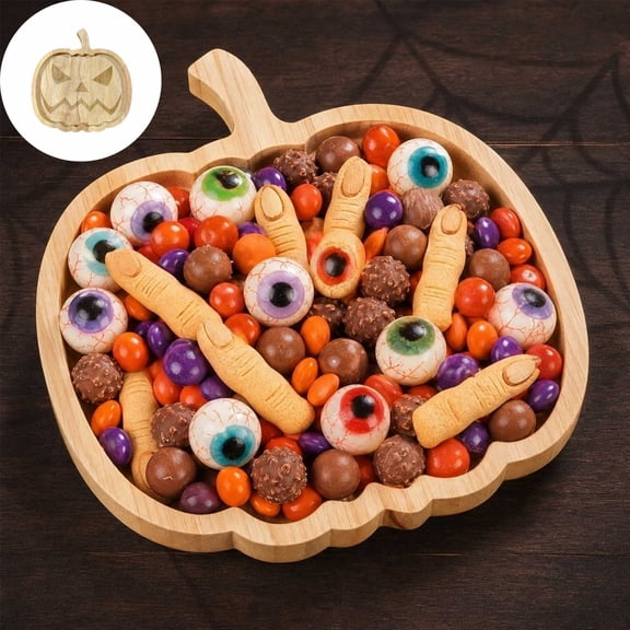 7.48in Jack O Lantern Shaped Wooden Serving Tray, Spooky Pumpkin Wood Snack Candy Fruit Platter, Gothic Table Centerpiece for Halloween Party Kitchen Counter Coffee Table Farmhouse Holiday Decor