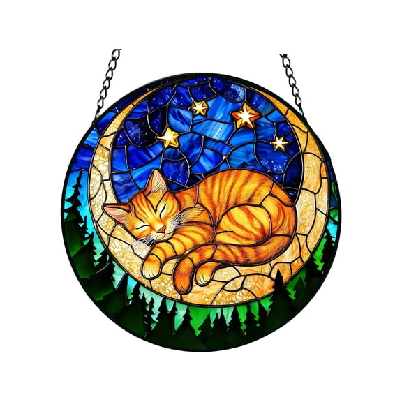7.48in Round Sun Catcher Puzzle Window Hanging Stained Glass Style Home Decor with Cat Moon Bird Night