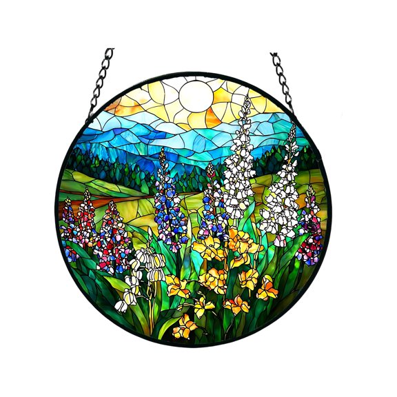7.48in Round Sun Catcher Puzzle Window Hanging Stained Glass Style Home Decor with Cat Moon Bird Night