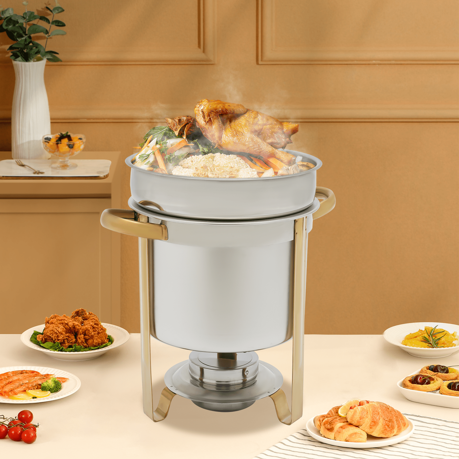 7.4Qt Stainless Steel Soup Chafer Modern Round Design with Alcohol Fuel ...