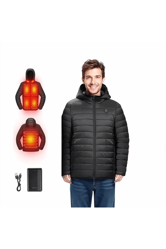 7.4V Battery Mens Heated Jacket with Soft Shell Electric Heating Coat, 4 Heating Zones, 3 Heat Settings, Hiking, Outdoor Work, Size XL, Black