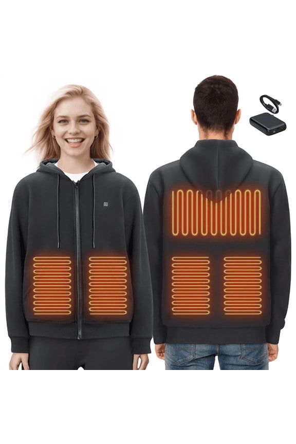 7.4V Battery-Powered Electric Heated Zip Up Sweatshirt for Men & Women, 5 Heating Zones, Lightweight Warm Outdoor Hoodie, Size S, Black