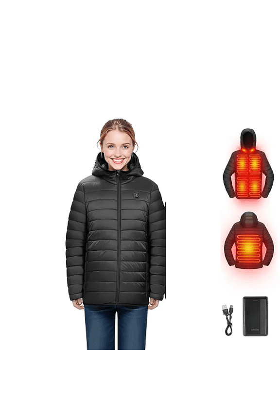 7.4V Battery Womens Heated Jacket with Soft Shell Electric Heating Coat, 4 Heating Zones, 3 Heat Settings, Hiking, Outdoor Work, Size M, Black