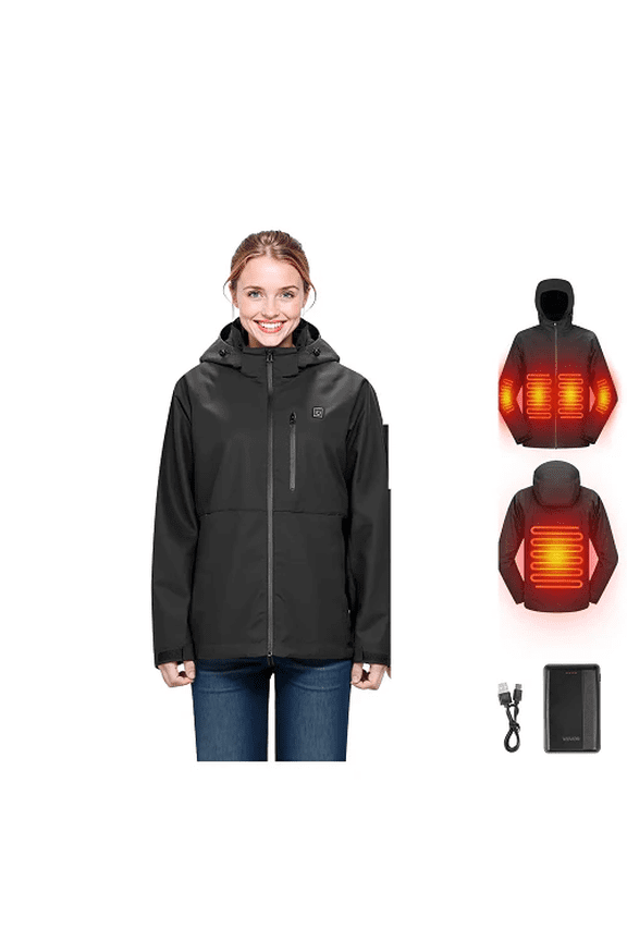 7.4V Battery Womens Heated Jacket with Soft Shell Electric Heating Coat, 5 Heating Zones, 3 Heat Settings, Machine Washable, Size XL, Black