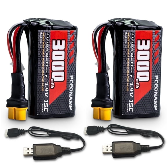 7.4V Li-ion Battery 3000mAh 2S Battery with XT60 Plug Rechargeable High Capacity RC Battery fit for most Remote Control Car and RC Toys with 2 USB Charger Cable (2 packs)