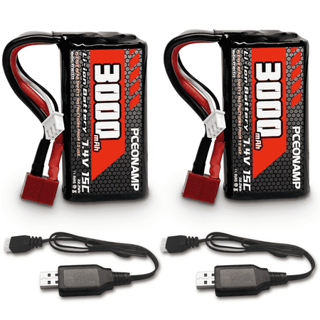 7.4V Li-ion Battery 3000mAh 2S with T Plug Rechargeable High Capacity RC Battery Fit for WLtoys 4WD High Speed RC Cars and Most 1/10, 1/12, 1/16 Scale RC Cars Trucks with 2 USB Chargers