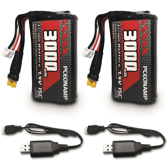 7.4V Li-ion Battery 3000mAh 2S with XT30 Plug Rechargeable High Capacity RC Battery with 2 USB Charger Cable for Remote Control Excavator RC car toys