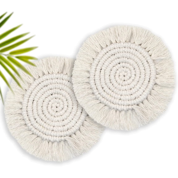 7.4in Boho Coasters Set of 2, Cute Drink Coasters Absorbent for Desk, Farmhouse Handmade Woven Macrame Coaster for Mugs Cups - Home Decor Housewarming Gift, Round