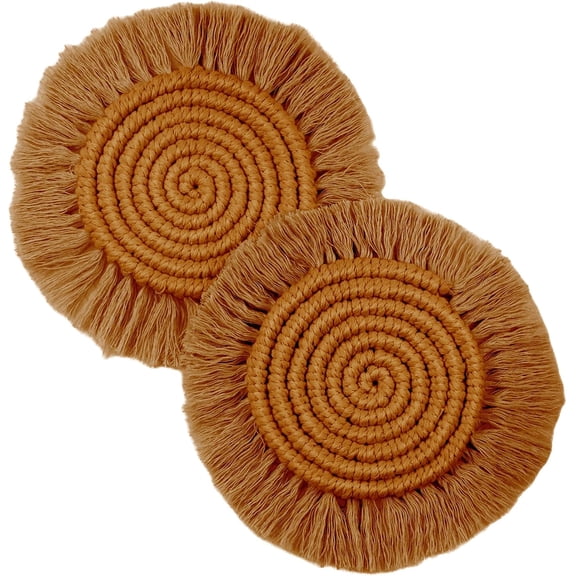 7.4in Boho Coasters Set of 2, Cute Drink Coasters Absorbent for Desk, Farmhouse Handmade Woven Macrame Coaster for Mugs Cups - Home Decor Housewarming Gift, Round Dusty Pink