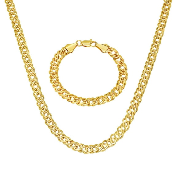 7.4mm Polished 14k Gold Plated Cable Venetian Chain + Bracelet Set, 30" (Necklace) + 9" (Bracelet)