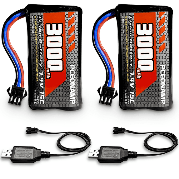 7.4v RC Battery 3000mAh 2S Li-ion with SM-3P Plug Rechargeable High Capaity Fit for RC Toy RC Tank RC Truck and RC Car Batteries with 2 USB Charger
