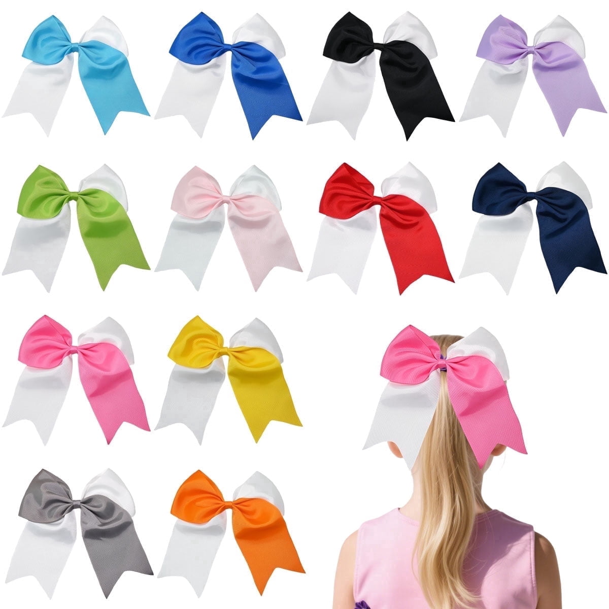 7.5 12pcs Inch Green White Cheer Bow for Girls, Satin Ribbon Hair Clips for Kids Cheerleading Game Day Hairstyles
