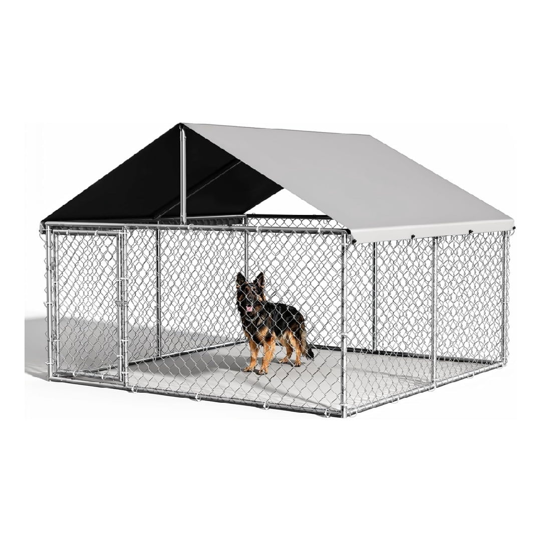 7.5×7.5×5.4 Ft Home Large Metal Outdoor Dog Kennel, Metal Wire Dog Enclosure with Waterproof Roof & Adjustable Bowls Feeder for Backyard Farm