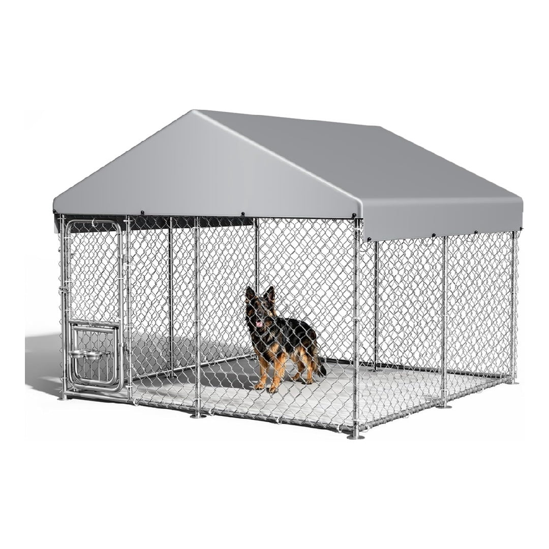 7.5×7.5×6.6 FT Home Large Metal Outdoor Dog Kennel, Metal Wire Dog Enclosure with Waterproof Roof & Adjustable Bowls Feeder for Backyard Farm