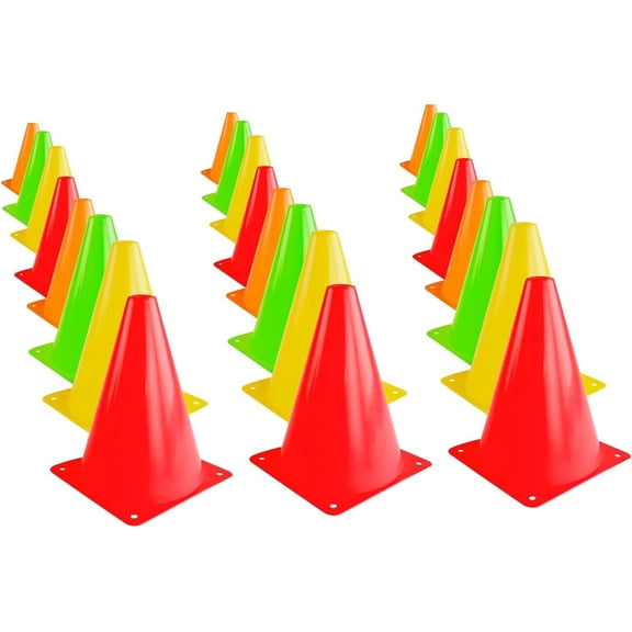 7.5" Bright Neon Colored Orange, Yellow, Red, Green Cones  Equipment for Fitness , Traffic Safety Practice (24 Pack)