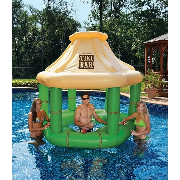 7.5' Cream and Green Tropical Inflatable Swimming Pool Floating Tiki Bar
