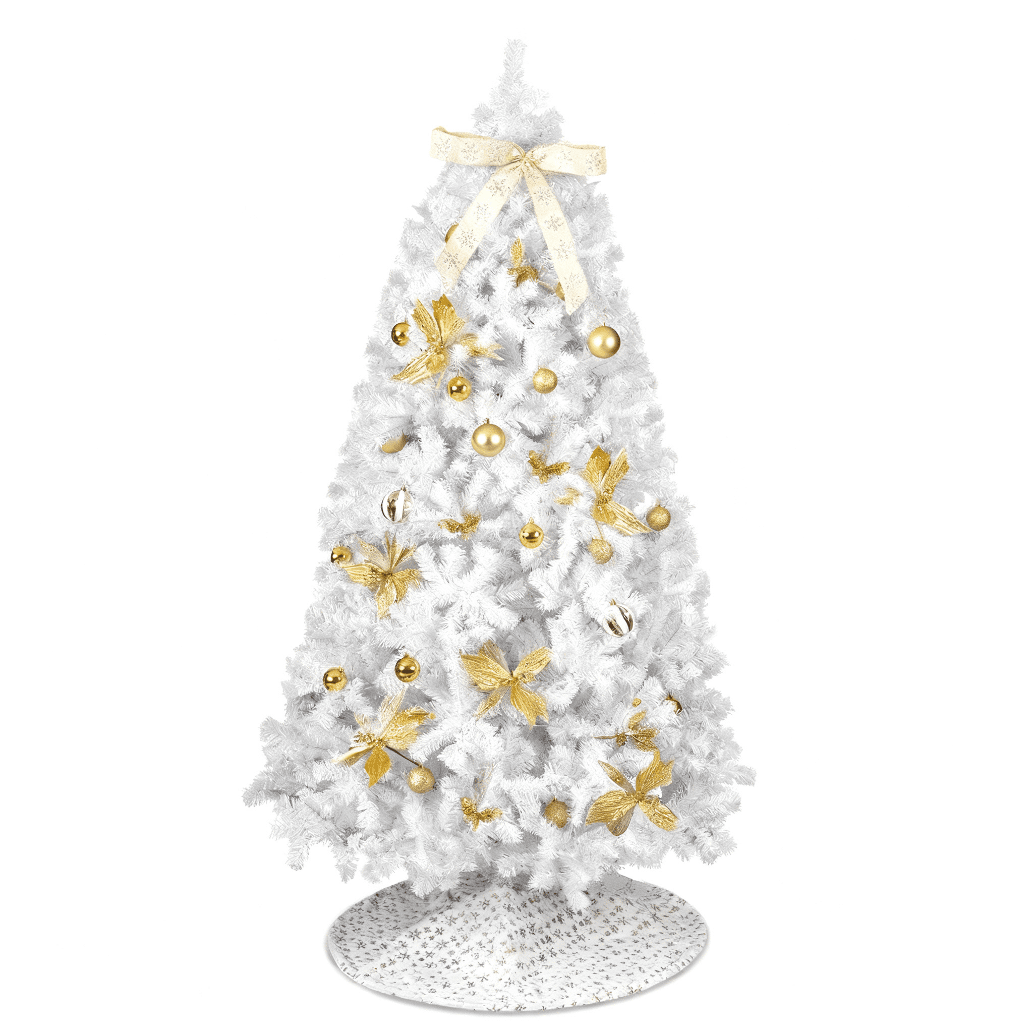 7.5 FT Artificial Christmas Tree with DIY 400 Warm White LED Lights, Hinged Xmas Pine Tree with Tree Skirt and Holiday Ornaments for Holiday Party Office Home, White Tree & Golden Decor