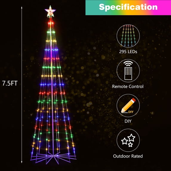 Tree Led Night Light 7.5 FT LED Lighted Cone Christmas Tree with Star Topper, 295 Multicolor ...