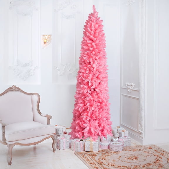7.5 FT Pink Pencil Artificial Christmas Tree, 1075 Branch Tips Slim Hinged PVC Christmas Tree with Reinforced Metal Stand for Xmas Home Decor