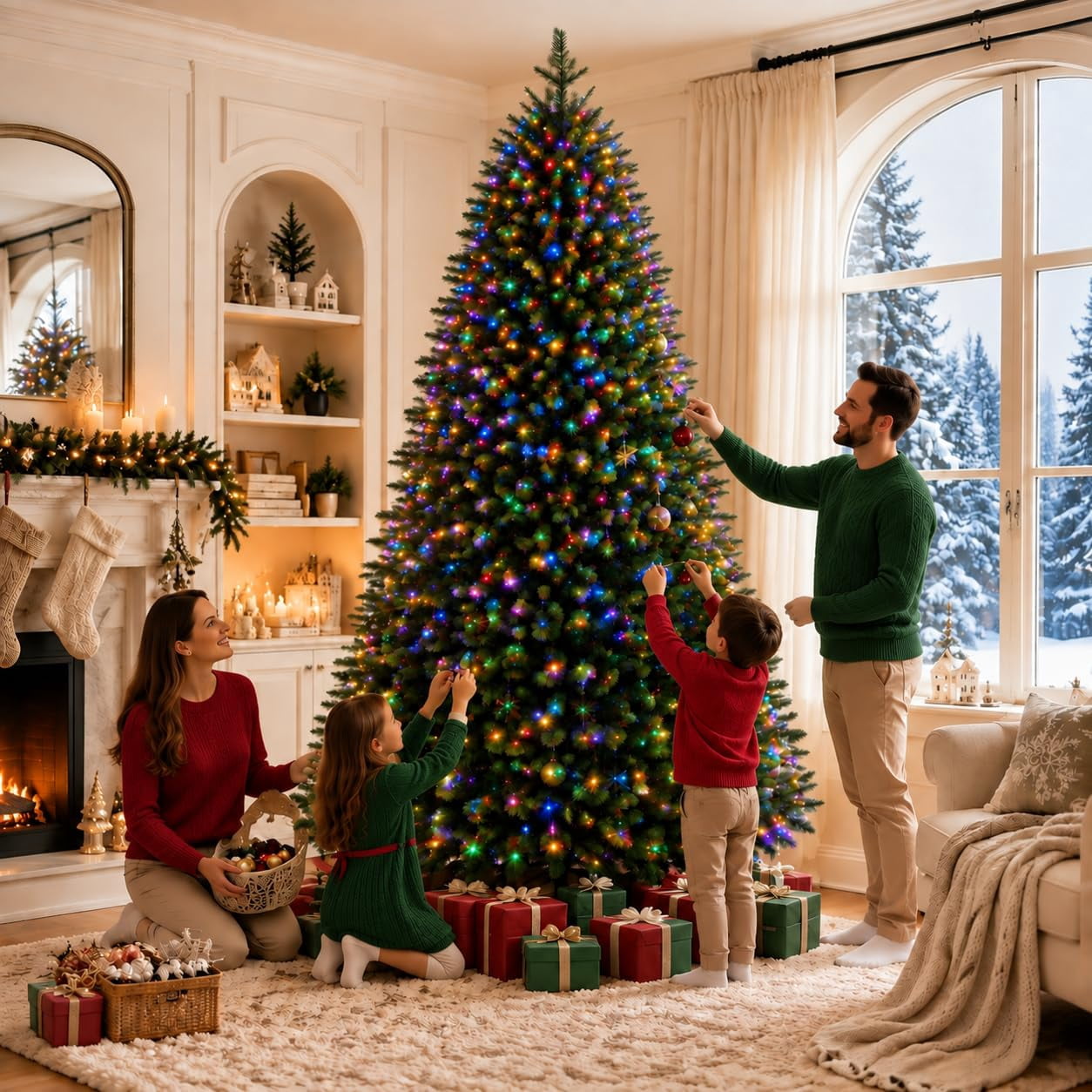 7.5 FT Pre-Lit Artificial Christmas Tree with 350 Dual-Color LED Lights ...