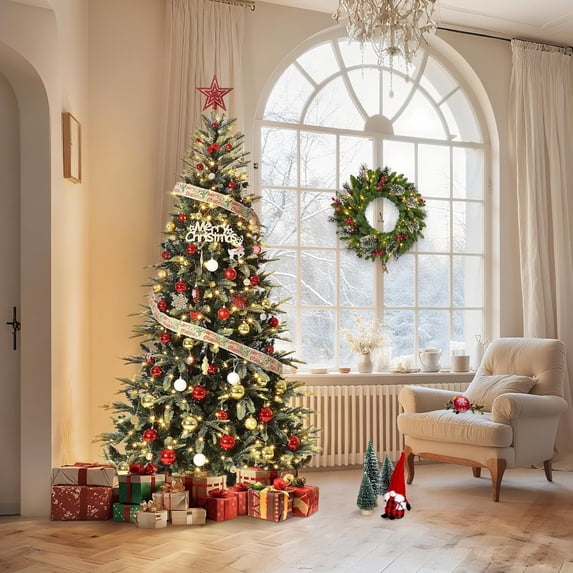 7.5 FT Prelit Christmas Tree, Pencil Christmas Tree with 450 Warm White Lights-8 Modes, Automatic Hinged Expansion, Foldable Metal Stand, PE & PVC Xmas Trees for Front Porch, Party, Office