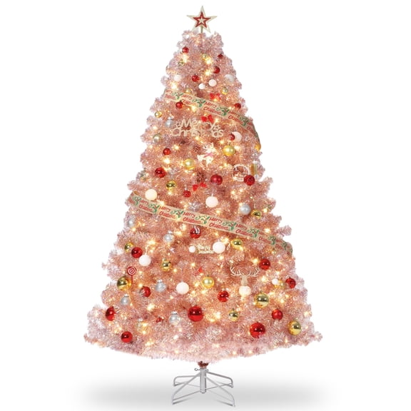 7.5 FT Prelit Pink Spruce Artificial Christmas Tree, Pink Hinged Christmas Tree with 947 PVC Tips and 250 Warm-White Lights for Home, Office Decoration