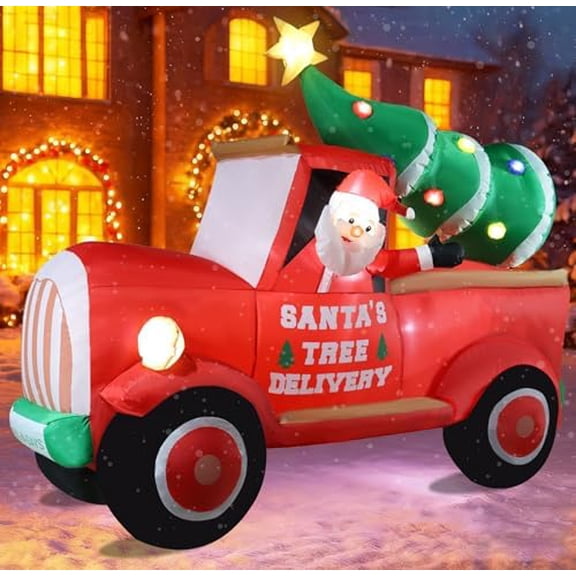 7.5 FT Red Truck Christmas Inflatables Outdoor Decorations, Weatherproof Santa Claus Delivery Giant LED Lighted Inflatable Lawn Yard Winter Holiday Party Xmas Blow Ups Car Decor